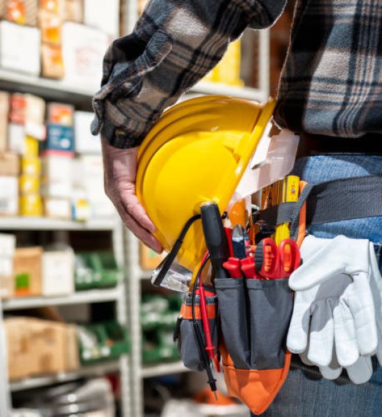 Electrician in the electrical component store holds the helmet and goggles in his hand. Construction industry, electrical system. View from behind.